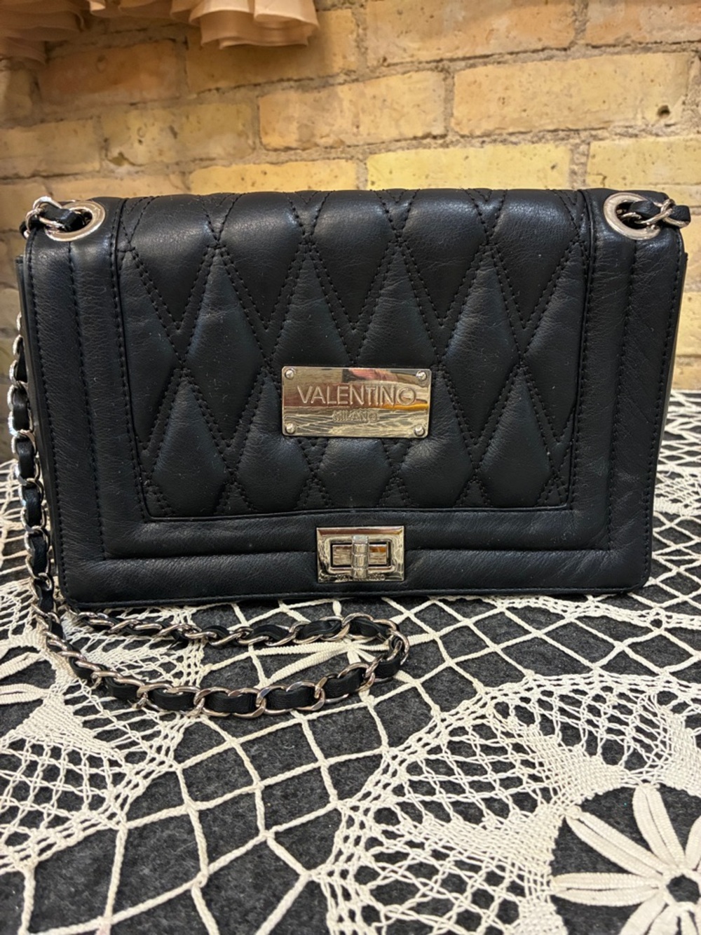 Valentino Alice Black Quilted Leather Crossbody with Chain Strap